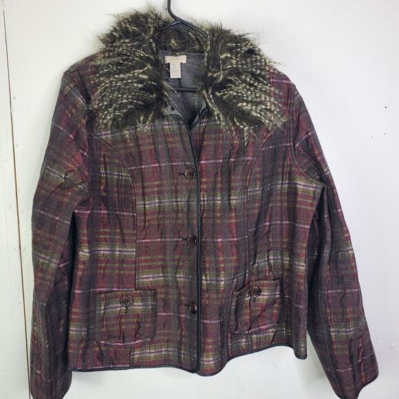 Chicos Jacket Womens 2 L Faux Fur Collar Button Front Knit Lined Winter Coat - Picture 1 of 9